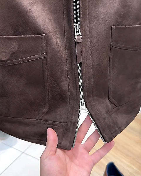 Suede Lapel Multi-Pocket Double Zip Jacket-VibeCloset