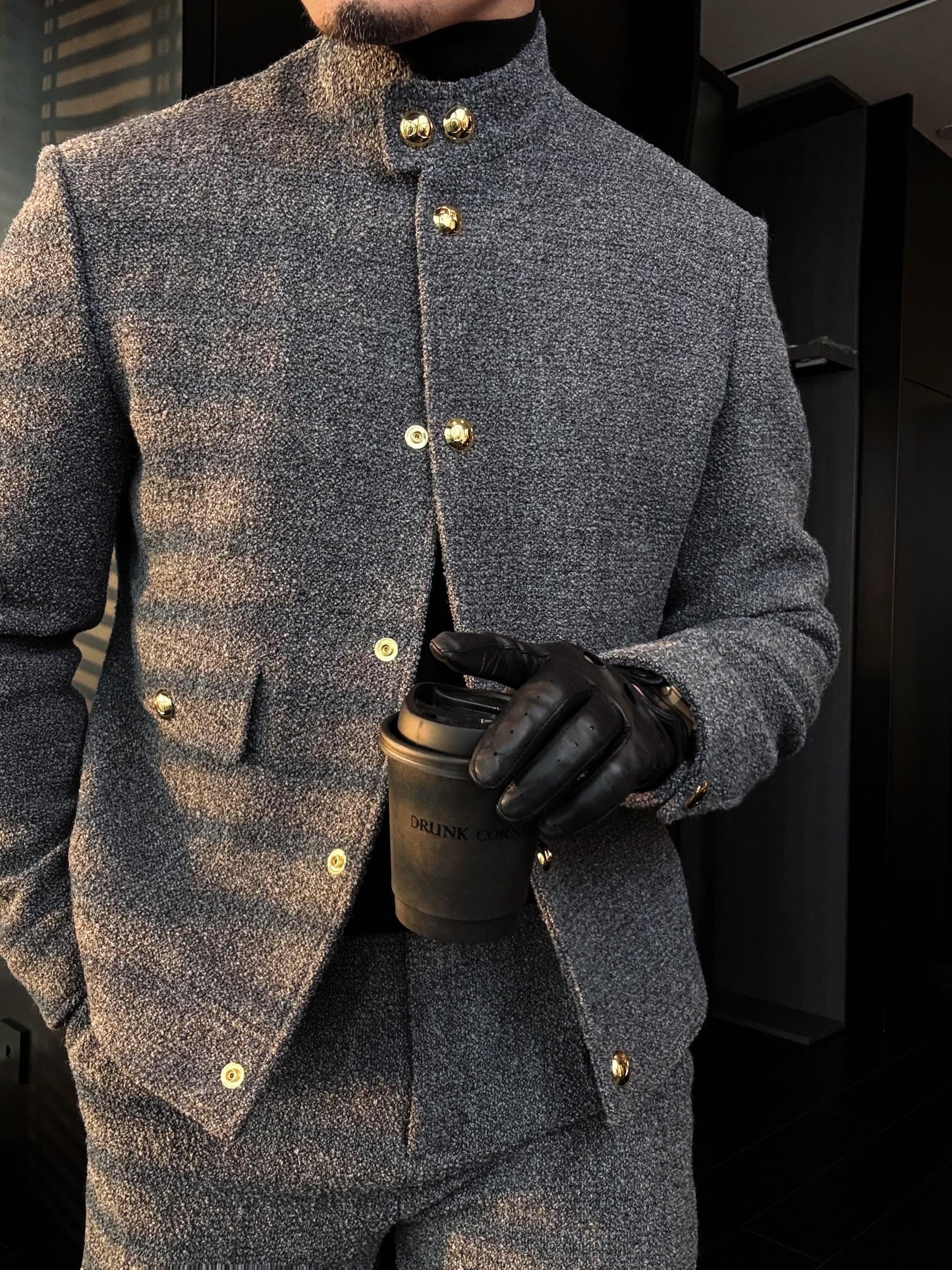 Men's Stand Collar Gold Button Jacket-VibeCloset