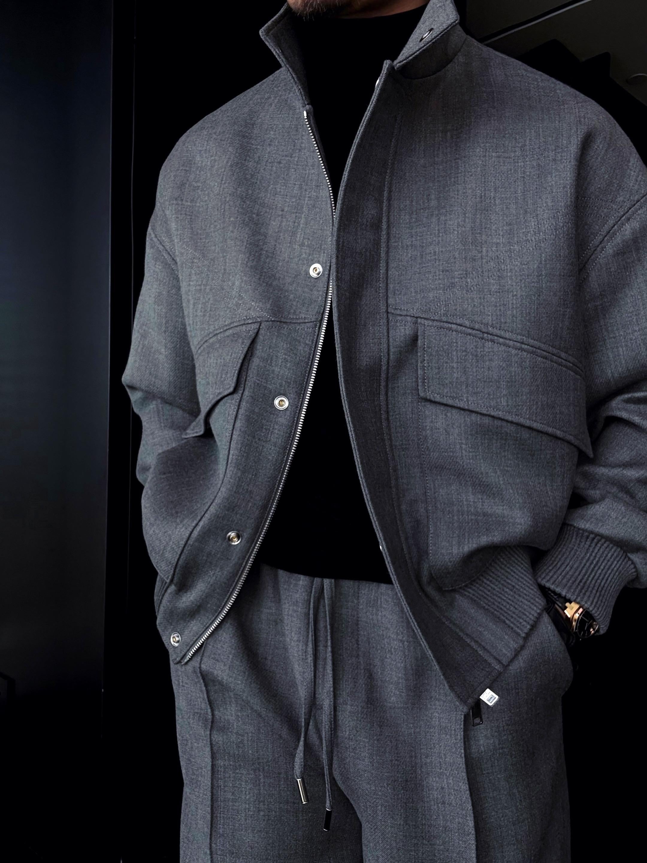 Slightly Wide Stand Collar Zipper Jacket With Silver Buttons-VibeCloset