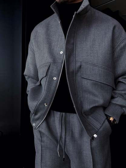 Slightly Wide Stand Collar Zipper Jacket With Silver Buttons-VibeCloset