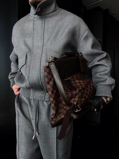 Slightly Wide Stand Collar Zipper Jacket With Silver Buttons-VibeCloset