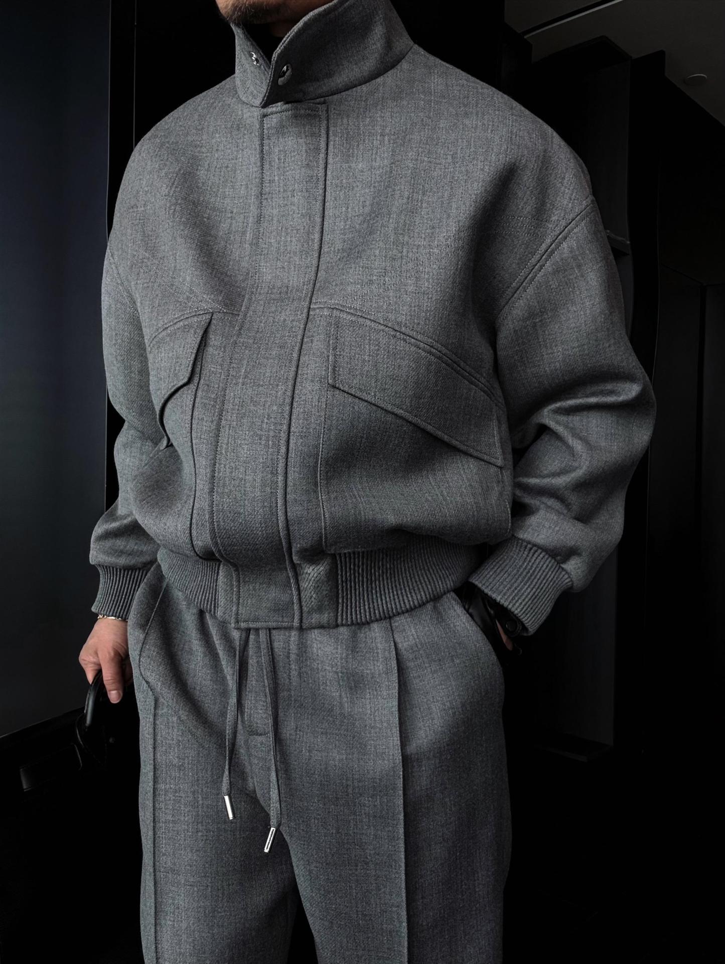 Slightly Wide Stand Collar Zipper Jacket With Silver Buttons-VibeCloset