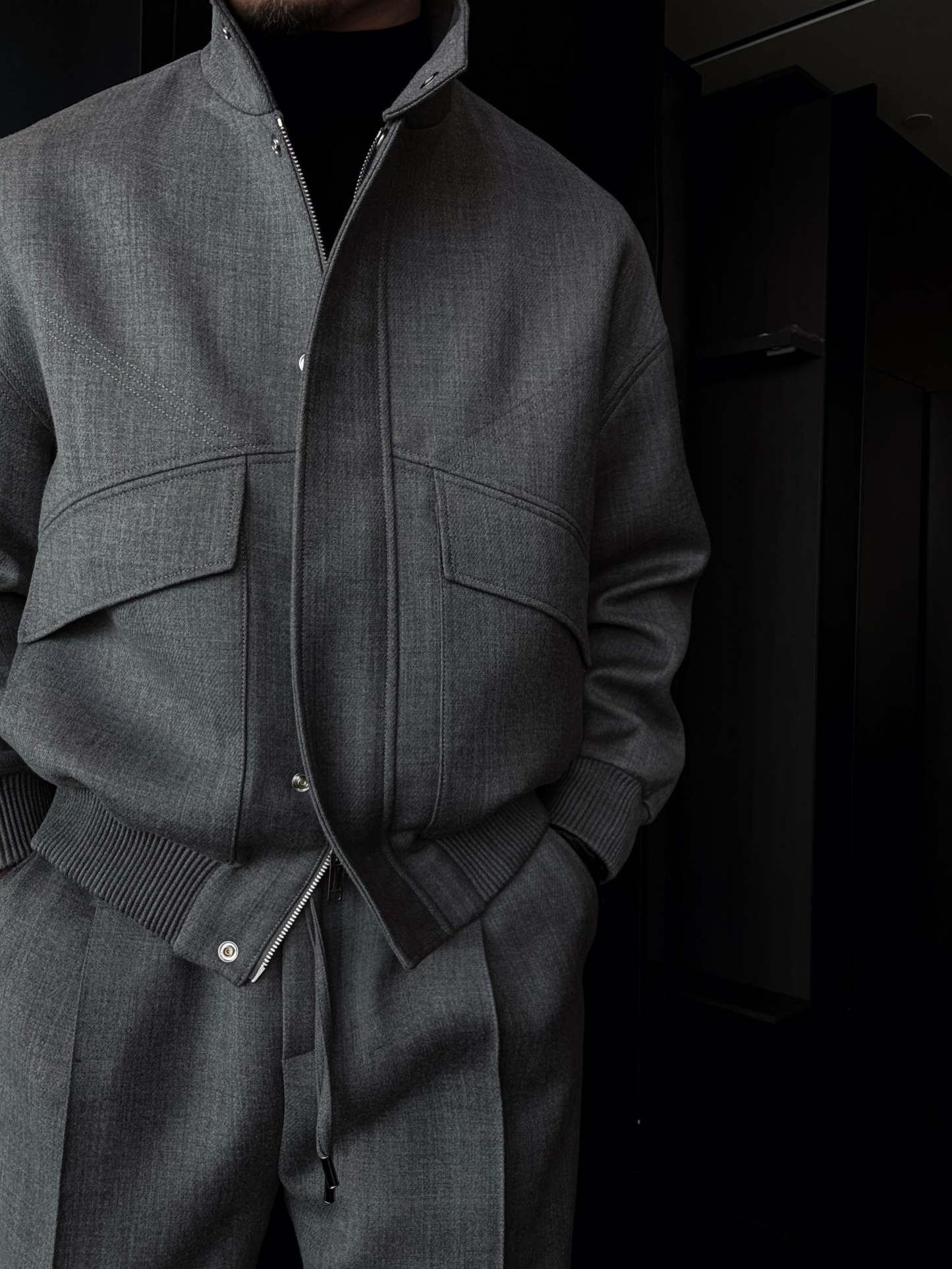 Slightly Wide Stand Collar Zipper Jacket With Silver Buttons-VibeCloset