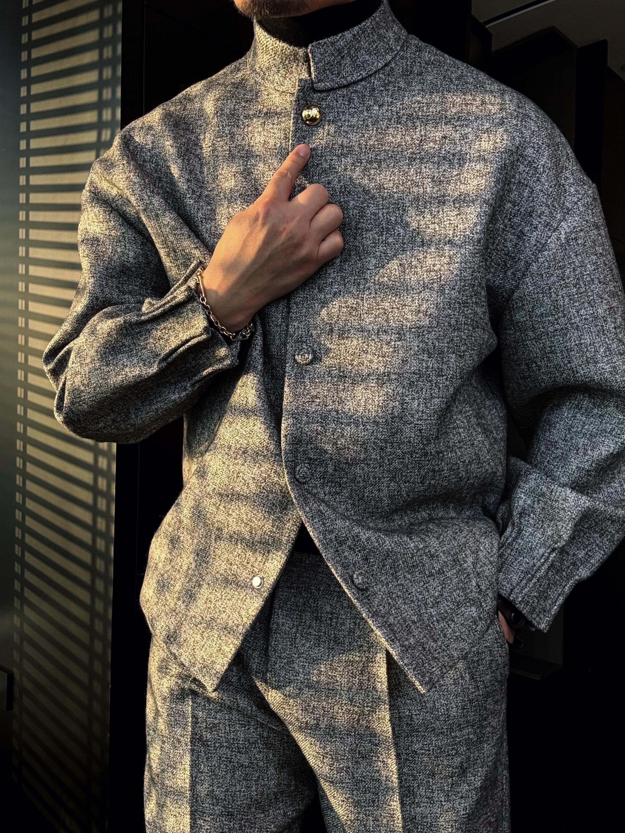 Men's Short Grey Grainy Jacket With Gold Buttons-VibeCloset