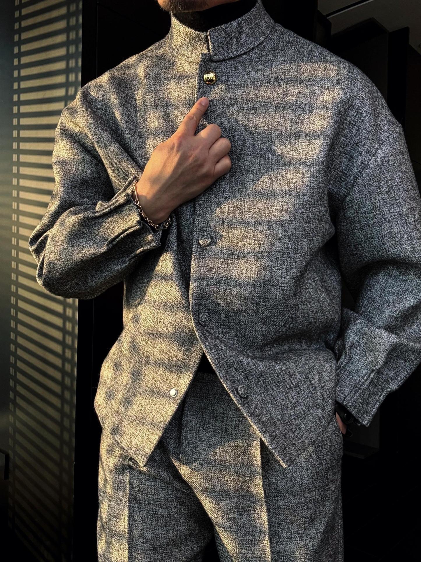 Men's Short Grey Grainy Jacket With Gold Buttons-VibeCloset