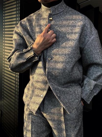 Men's Short Grey Grainy Jacket With Gold Buttons-VibeCloset