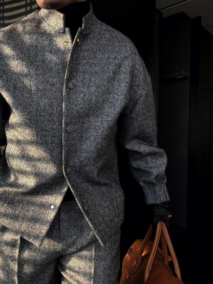 Men's Short Grey Grainy Jacket With Gold Buttons-VibeCloset