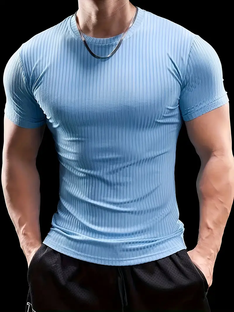Men'S Summer Striped T-Shirt - Casual & Sporty, Slim Fit, High-Elasticity Ribbed Crew Neck Tee, Lightweight for Gym & Casual Attire