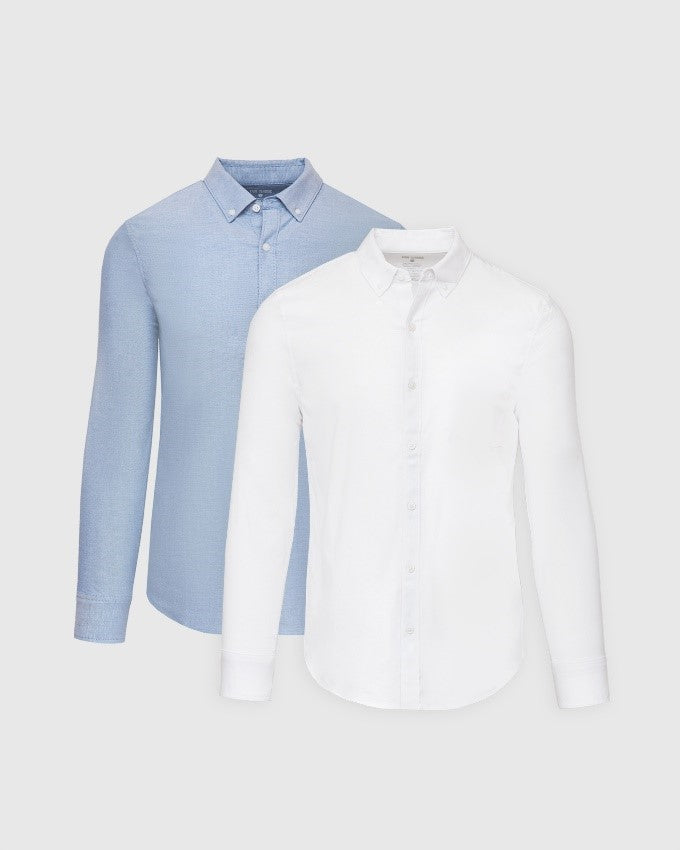 Blue and White Stretch Oxford Long Sleeve Shirt 2-Pack-VibeCloset