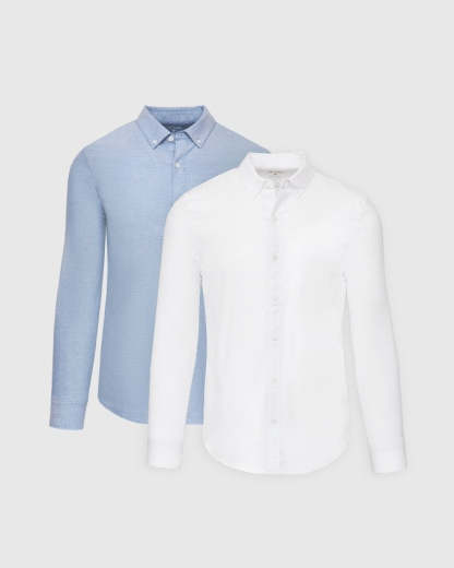Blue and White Stretch Oxford Long Sleeve Shirt 2-Pack-VibeCloset