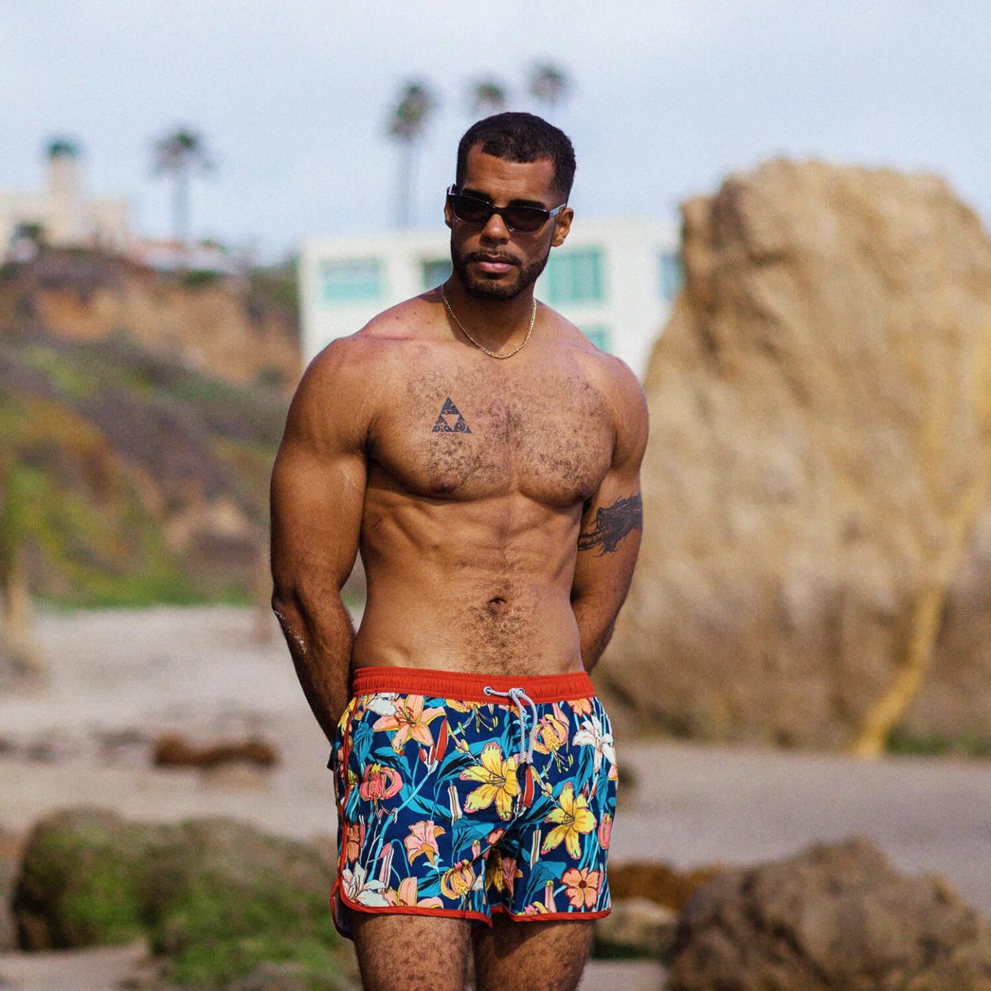 4.5 Inch Inseam Vintage Stretch Lily Bouquet Swim Trunks-VibeCloset