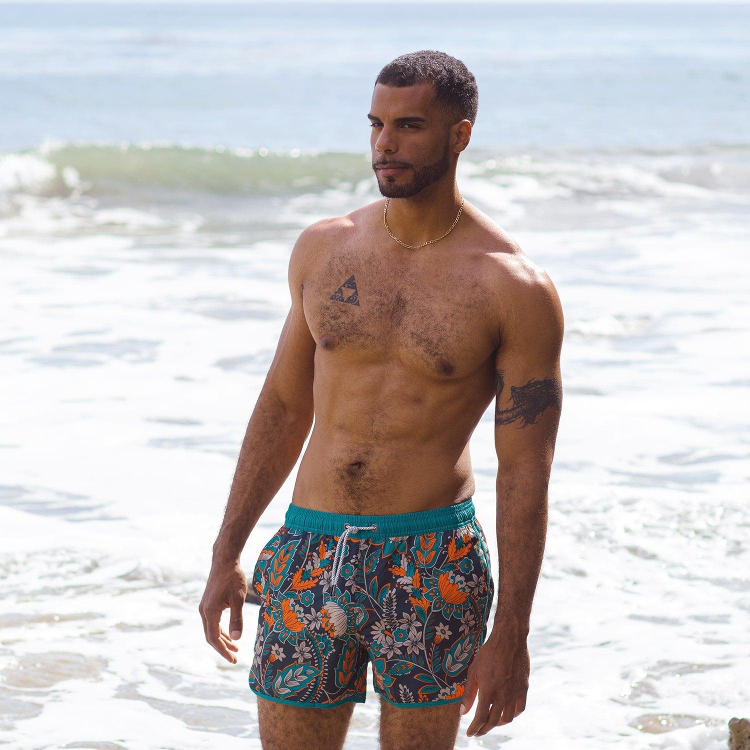 4.5 Inch Inseam Vintage Stretch Lake Green Bohemia Swim Trunks-VibeCloset