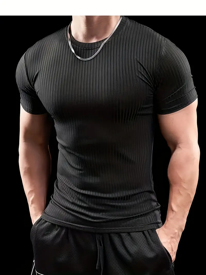 Men'S Summer Striped T-Shirt - Casual & Sporty, Slim Fit, High-Elasticity Ribbed Crew Neck Tee, Lightweight for Gym & Casual Attire