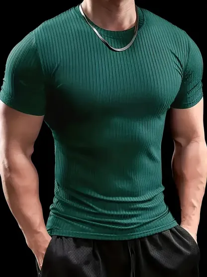 Men'S Summer Striped T-Shirt - Casual & Sporty, Slim Fit, High-Elasticity Ribbed Crew Neck Tee, Lightweight for Gym & Casual Attire