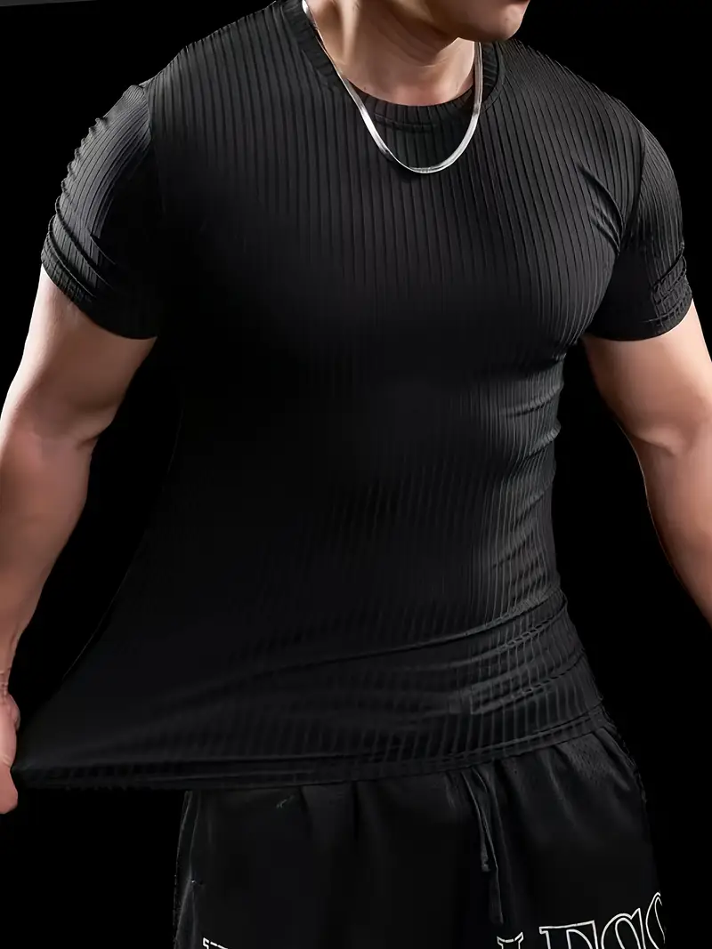 Men'S Summer Striped T-Shirt - Casual & Sporty, Slim Fit, High-Elasticity Ribbed Crew Neck Tee, Lightweight for Gym & Casual Attire