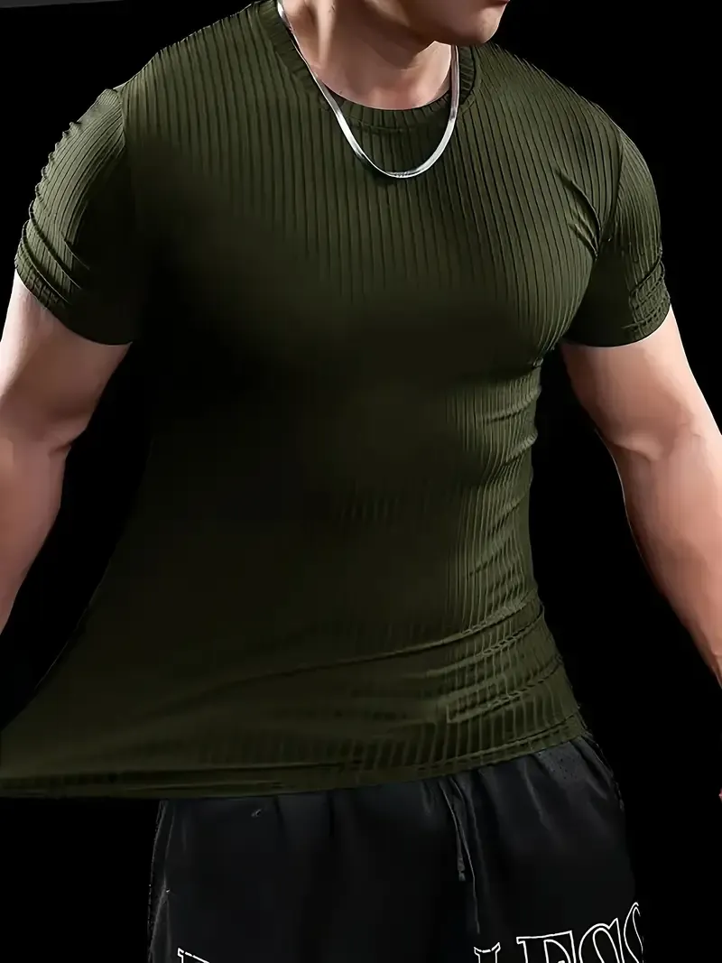 Men'S Summer Striped T-Shirt - Casual & Sporty, Slim Fit, High-Elasticity Ribbed Crew Neck Tee, Lightweight for Gym & Casual Attire