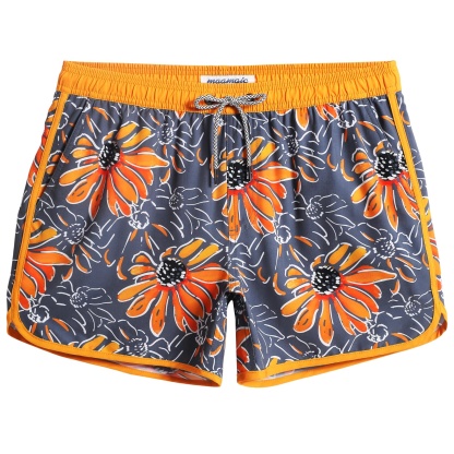 4.5 Inch Inseam Vintage Stretch Sunflower Printed Swim Trunks-VibeCloset