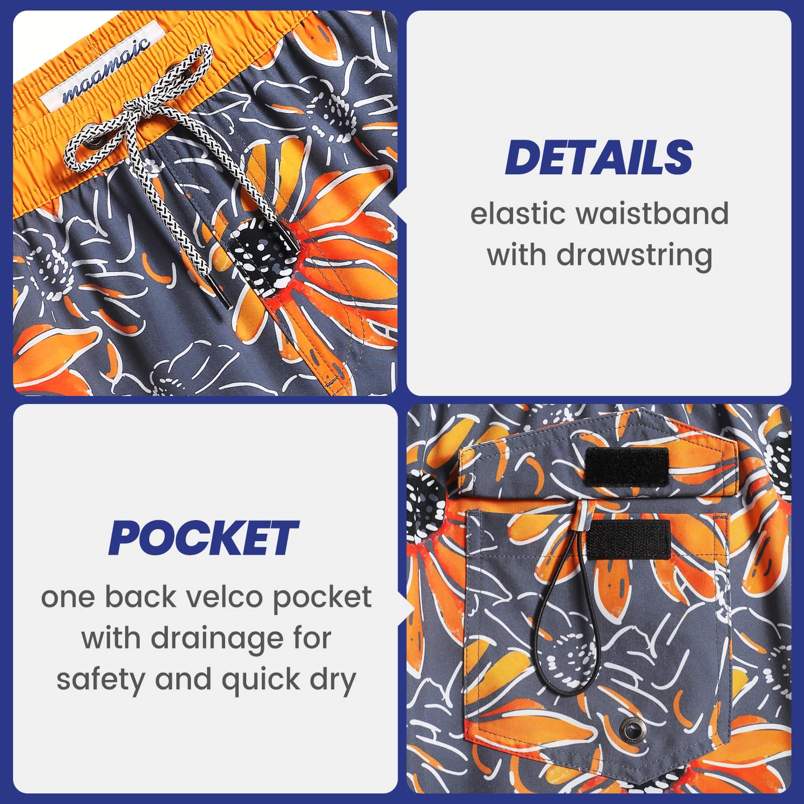 4.5 Inch Inseam Vintage Stretch Sunflower Printed Swim Trunks-VibeCloset