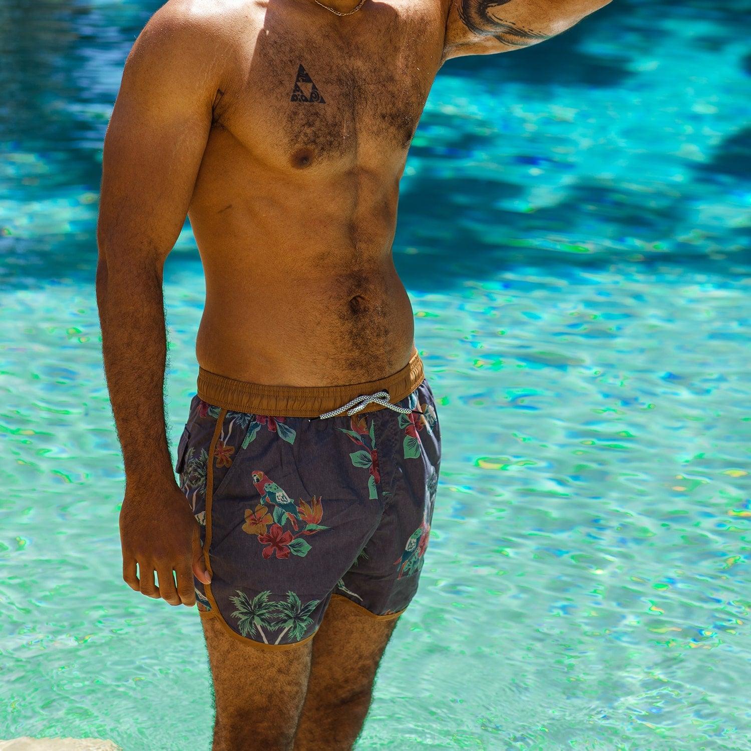 4.5 Inch Inseam Vintage Brown Parrot Swim Trunks-unboundedy
