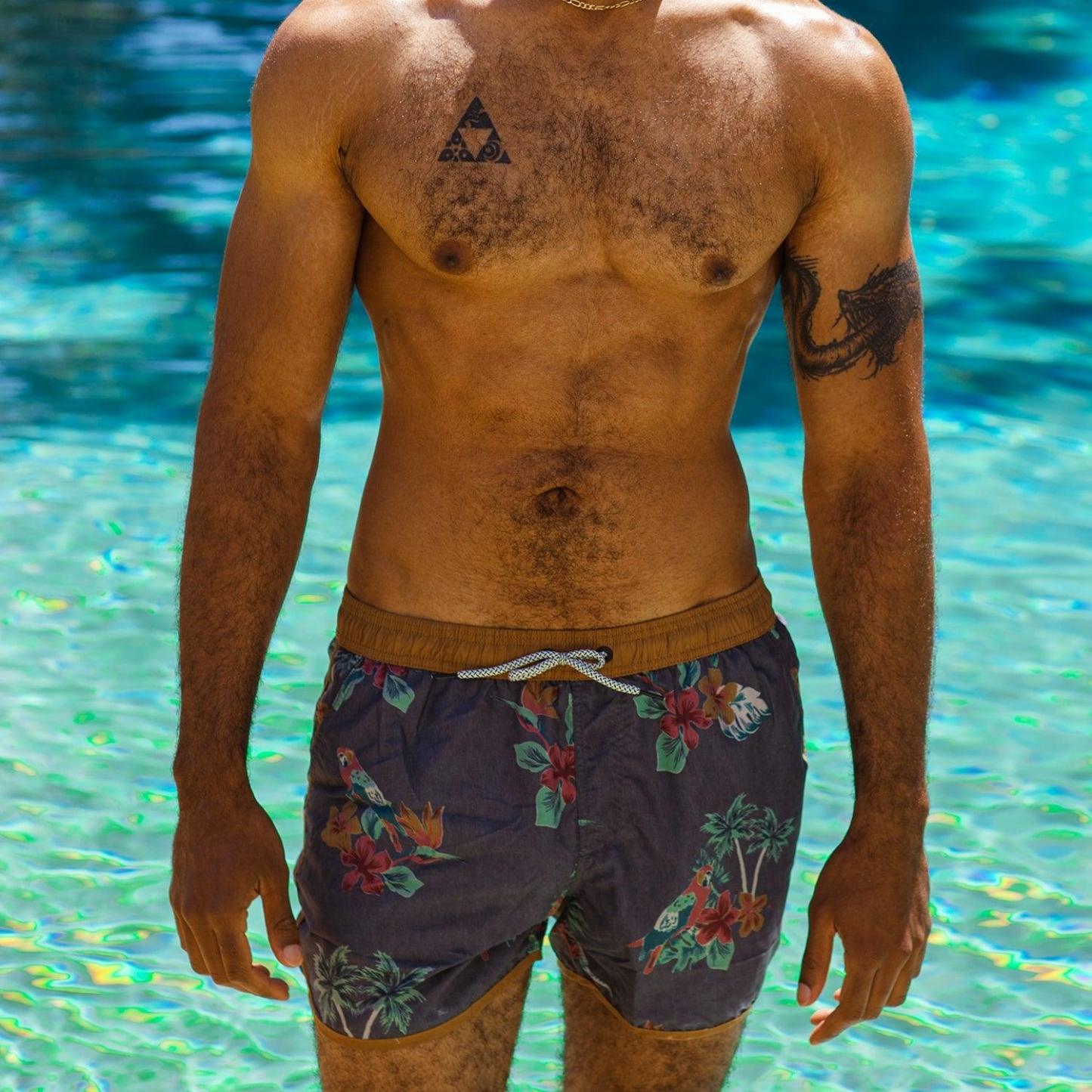4.5 Inch Inseam Vintage Brown Parrot Swim Trunks-unboundedy