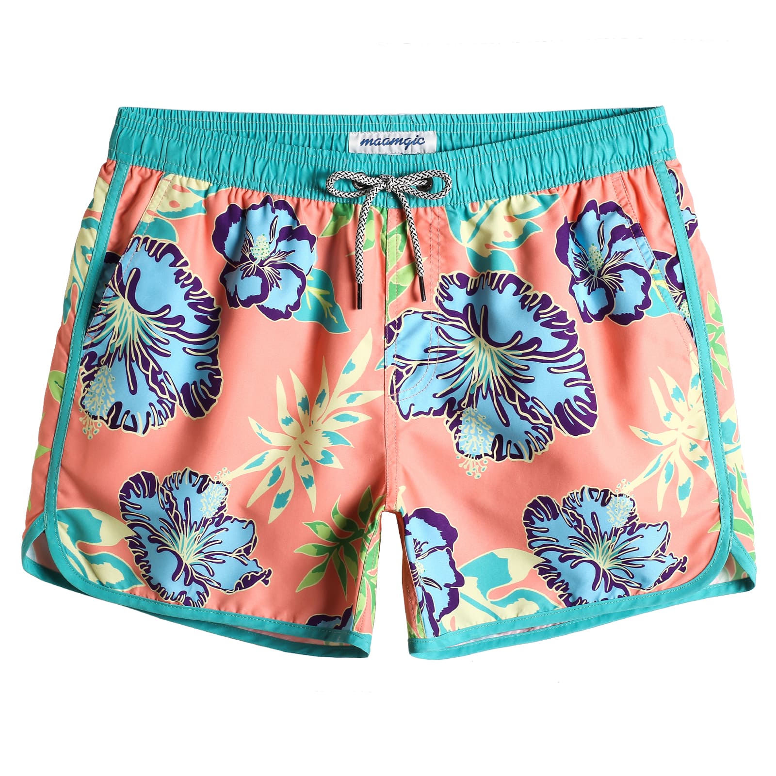 4.5 Inch Inseam Vintage Bluebird Hibiscus Swim Trunks-VibeCloset