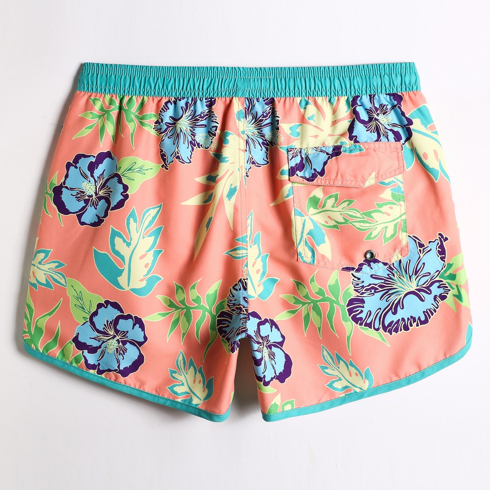 4.5 Inch Inseam Vintage Bluebird Hibiscus Swim Trunks-VibeCloset
