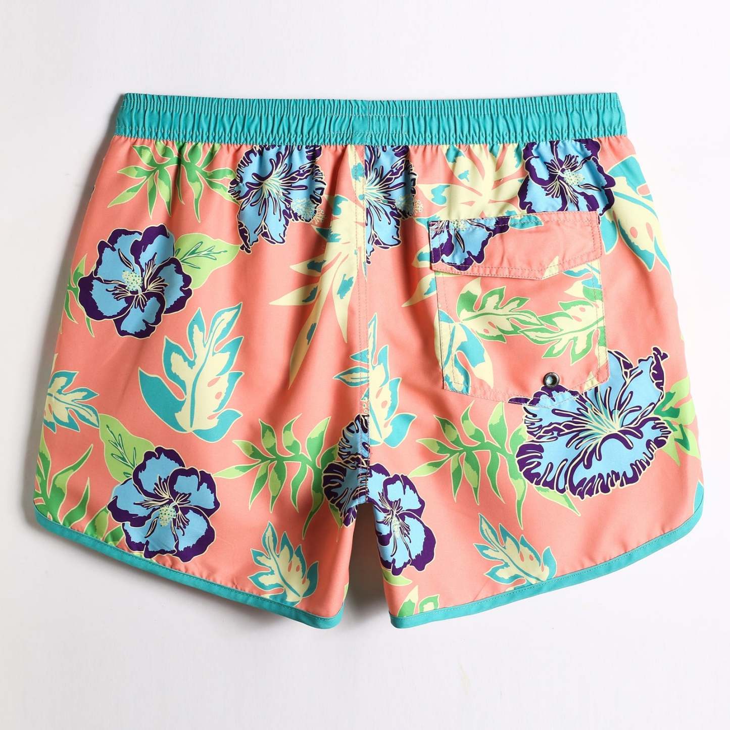 4.5 Inch Inseam Vintage Bluebird Hibiscus Swim Trunks-VibeCloset