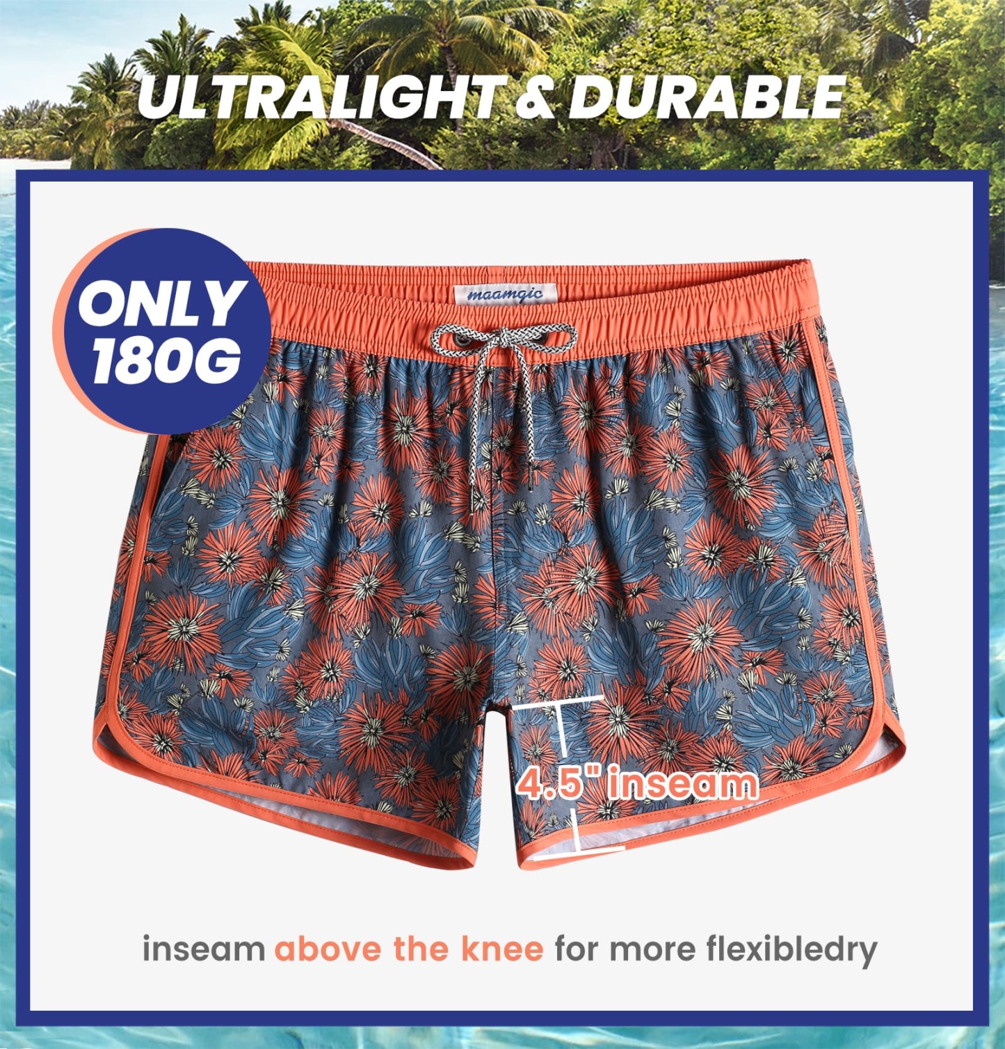 4.5 Inch Inseam Vintage Stretch Orange Chrysanthemum Swim Trunks-VibeCloset