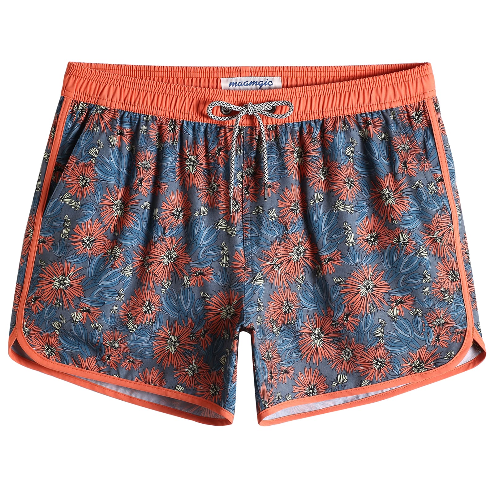 4.5 Inch Inseam Vintage Stretch Orange Chrysanthemum Swim Trunks-VibeCloset