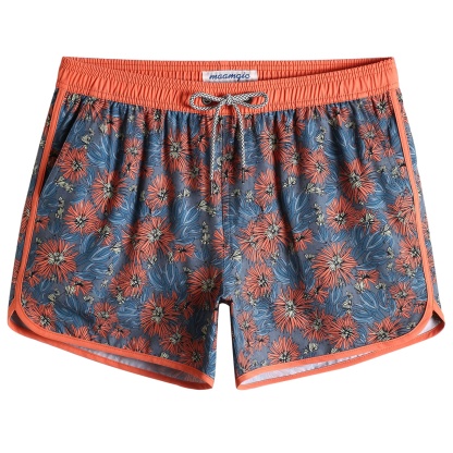 4.5 Inch Inseam Vintage Stretch Orange Chrysanthemum Swim Trunks-VibeCloset