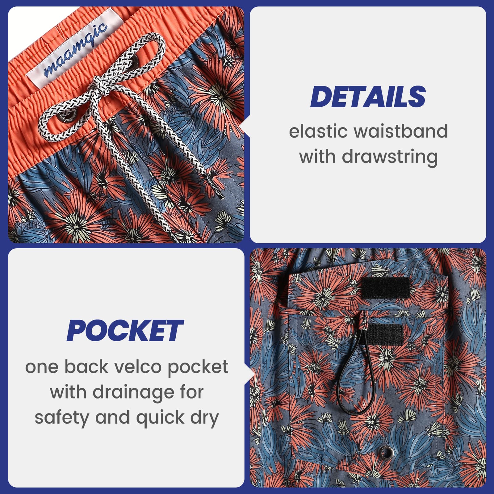 4.5 Inch Inseam Vintage Stretch Orange Chrysanthemum Swim Trunks-VibeCloset