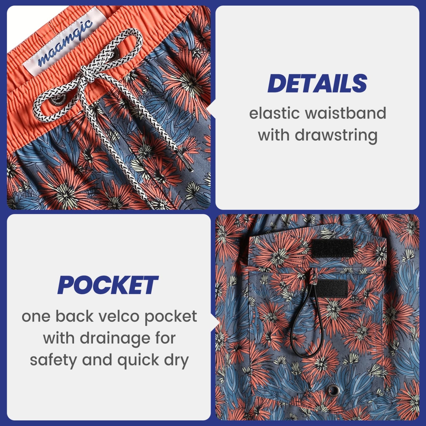 4.5 Inch Inseam Vintage Stretch Orange Chrysanthemum Swim Trunks-VibeCloset