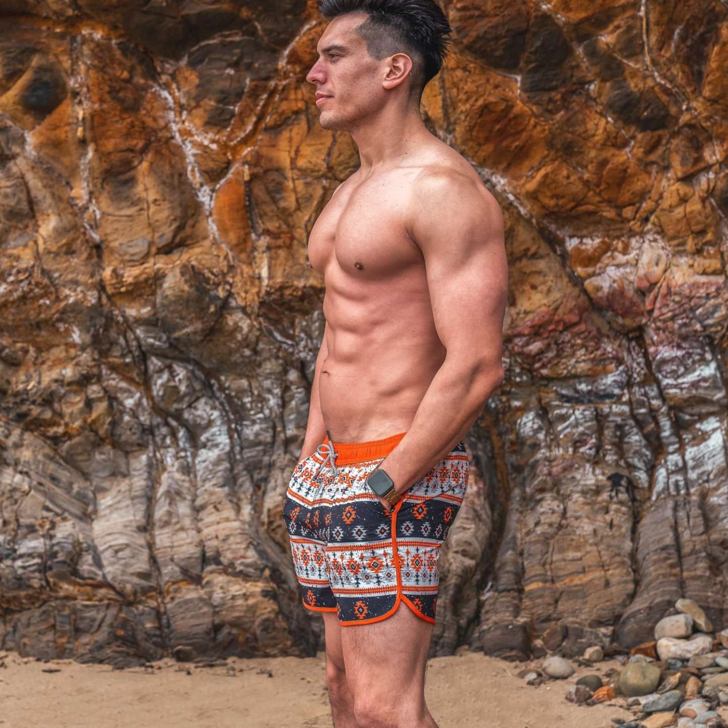 4.5 Inch Inseam Vintage Stretch Black White Bohemia Swim Trunks-VibeCloset