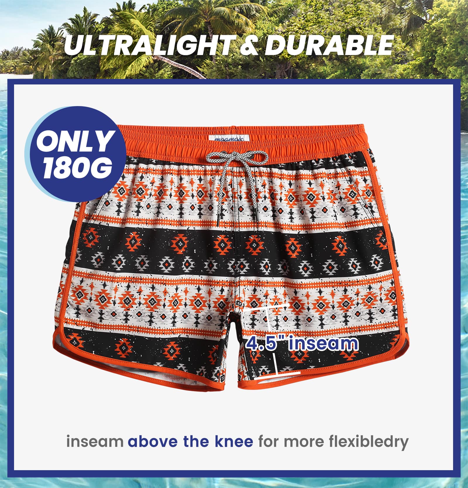 4.5 Inch Inseam Vintage Stretch Black White Bohemia Swim Trunks-VibeCloset