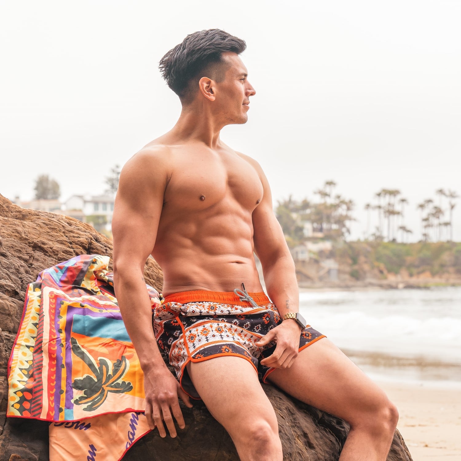 4.5 Inch Inseam Vintage Stretch Black White Bohemia Swim Trunks-VibeCloset