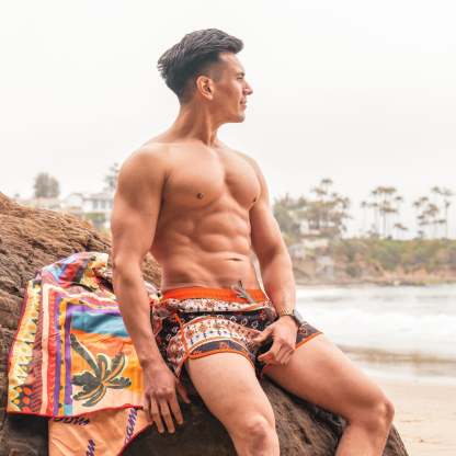 4.5 Inch Inseam Vintage Stretch Black White Bohemia Swim Trunks-VibeCloset