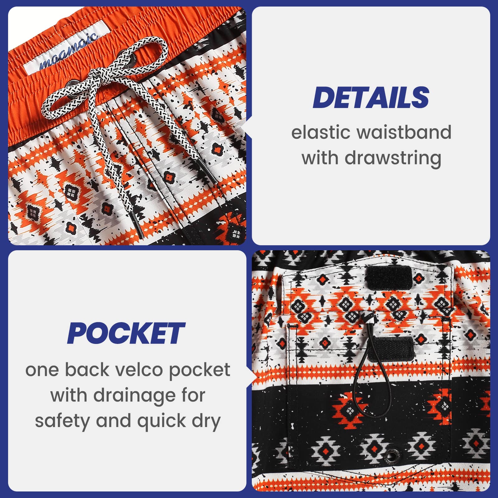 4.5 Inch Inseam Vintage Stretch Black White Bohemia Swim Trunks-VibeCloset