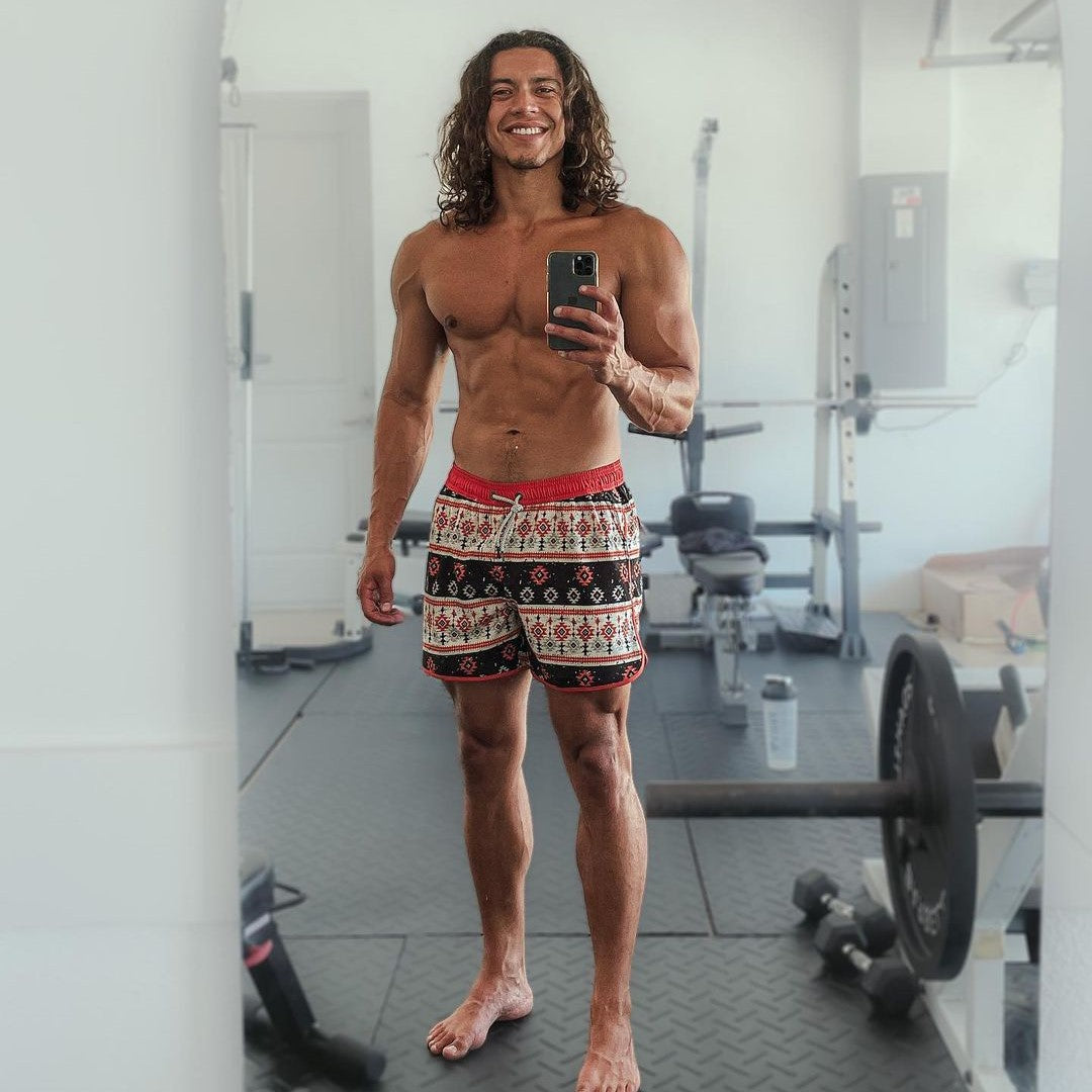 4.5 Inch Inseam Vintage Stretch Black White Bohemia Swim Trunks-VibeCloset