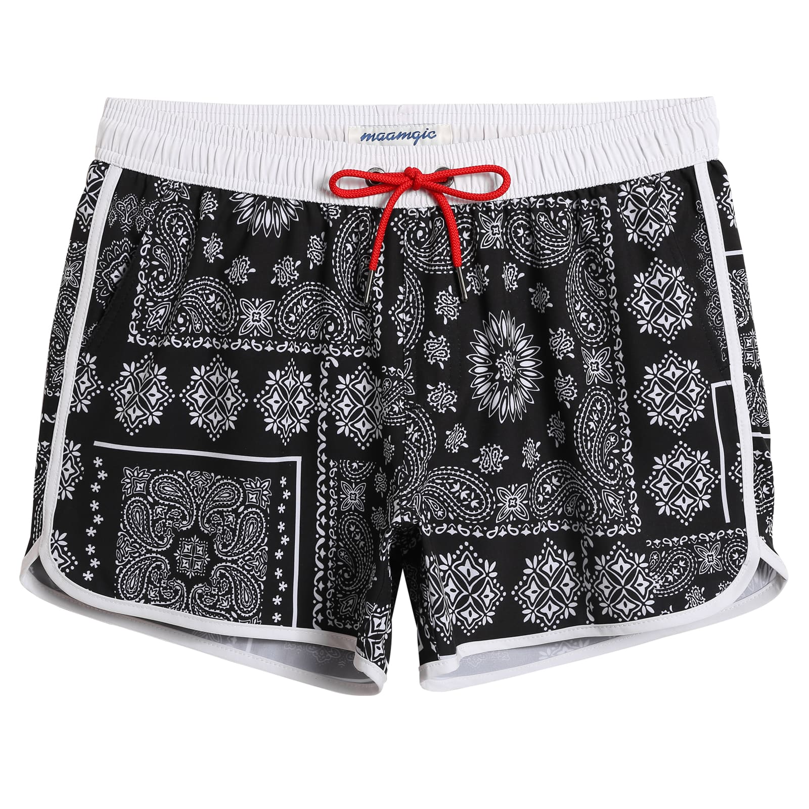 4.5 Inch Inseam Vintage Stretch Black White Persian Swim Trunks-unboundedy