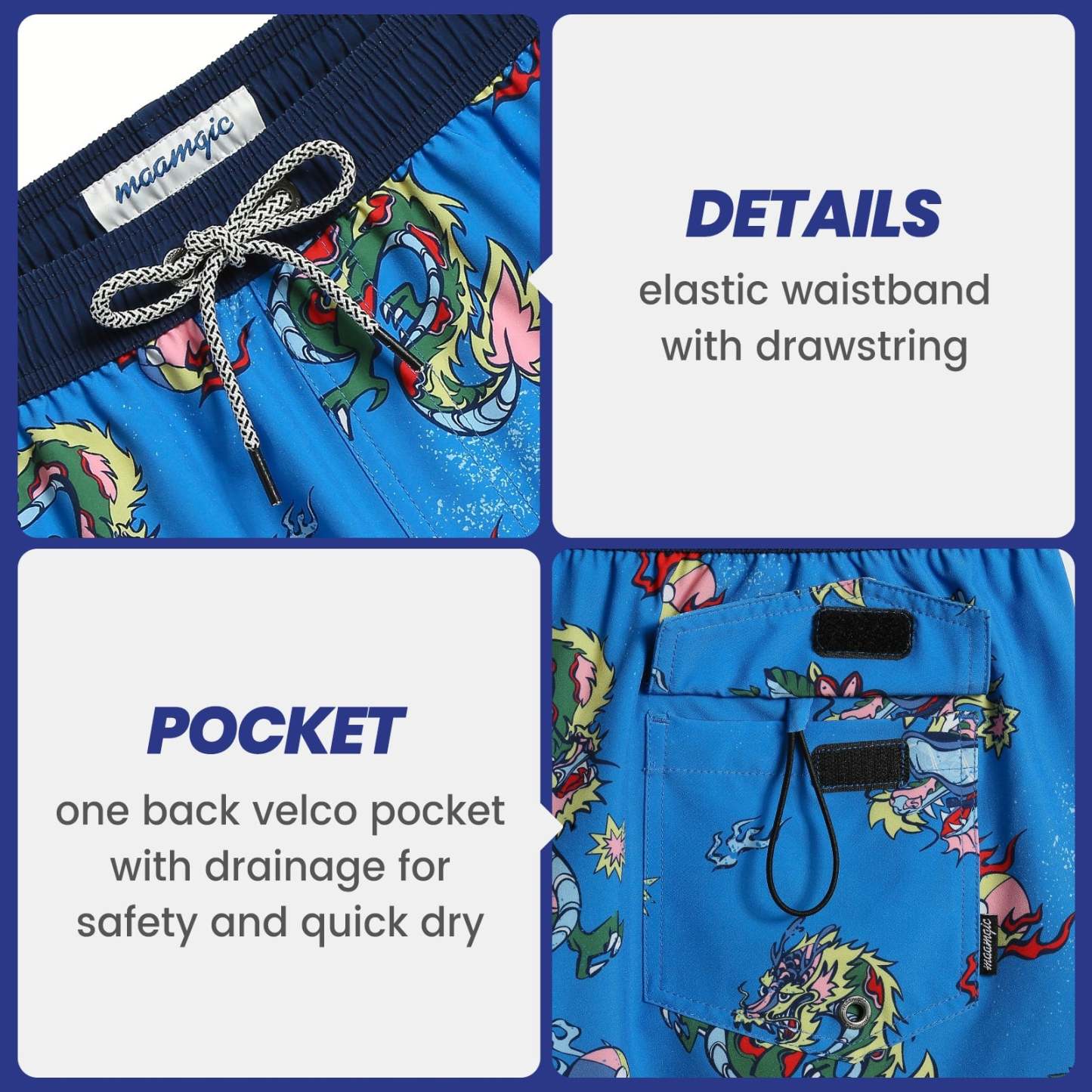 4.5 Inch Inseam Vintage Stretch Blue Dragon Swim Trunks-VibeCloset