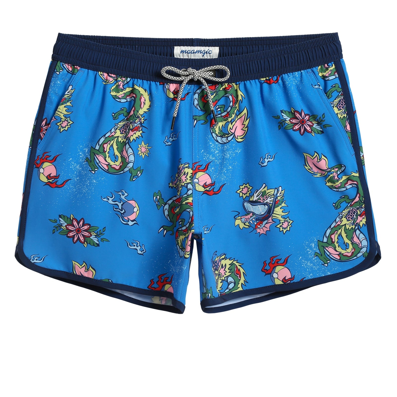 4.5 Inch Inseam Vintage Stretch Blue Dragon Swim Trunks-VibeCloset