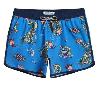 4.5 Inch Inseam Vintage Stretch Blue Dragon Swim Trunks-VibeCloset
