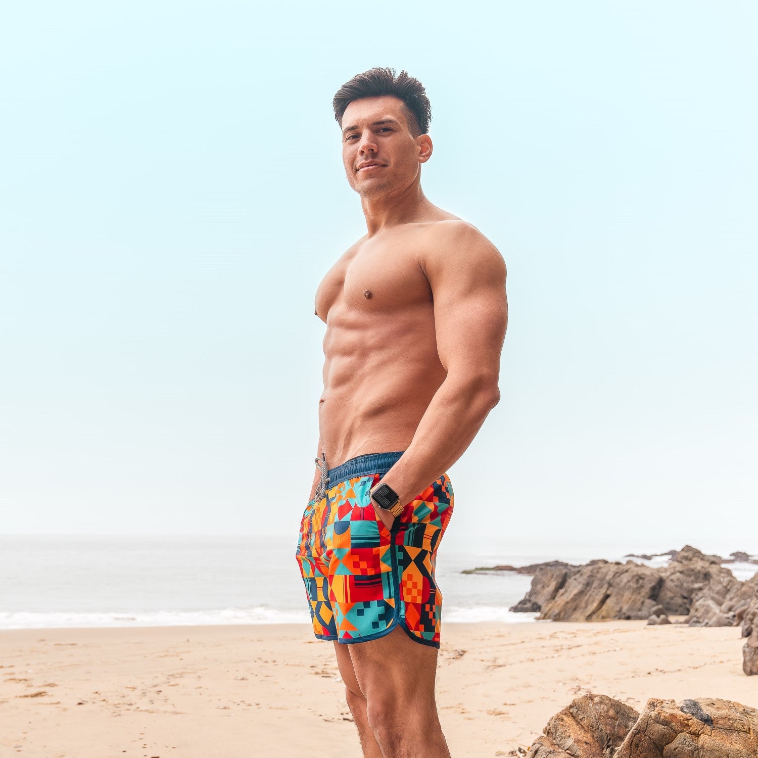 4.5 Inch Inseam Vintage Stretch Colorful Geometry Swim Trunks-unboundedy