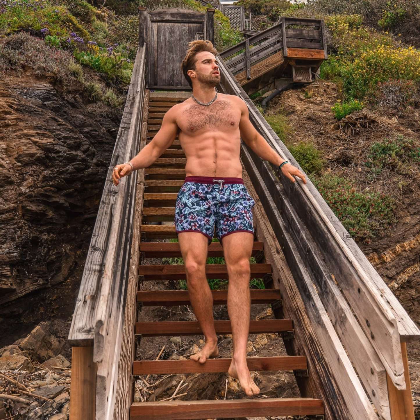 4.5 Inch Inseam Vintage Stretch Gothic Bouquet Swim Trunks-VibeCloset