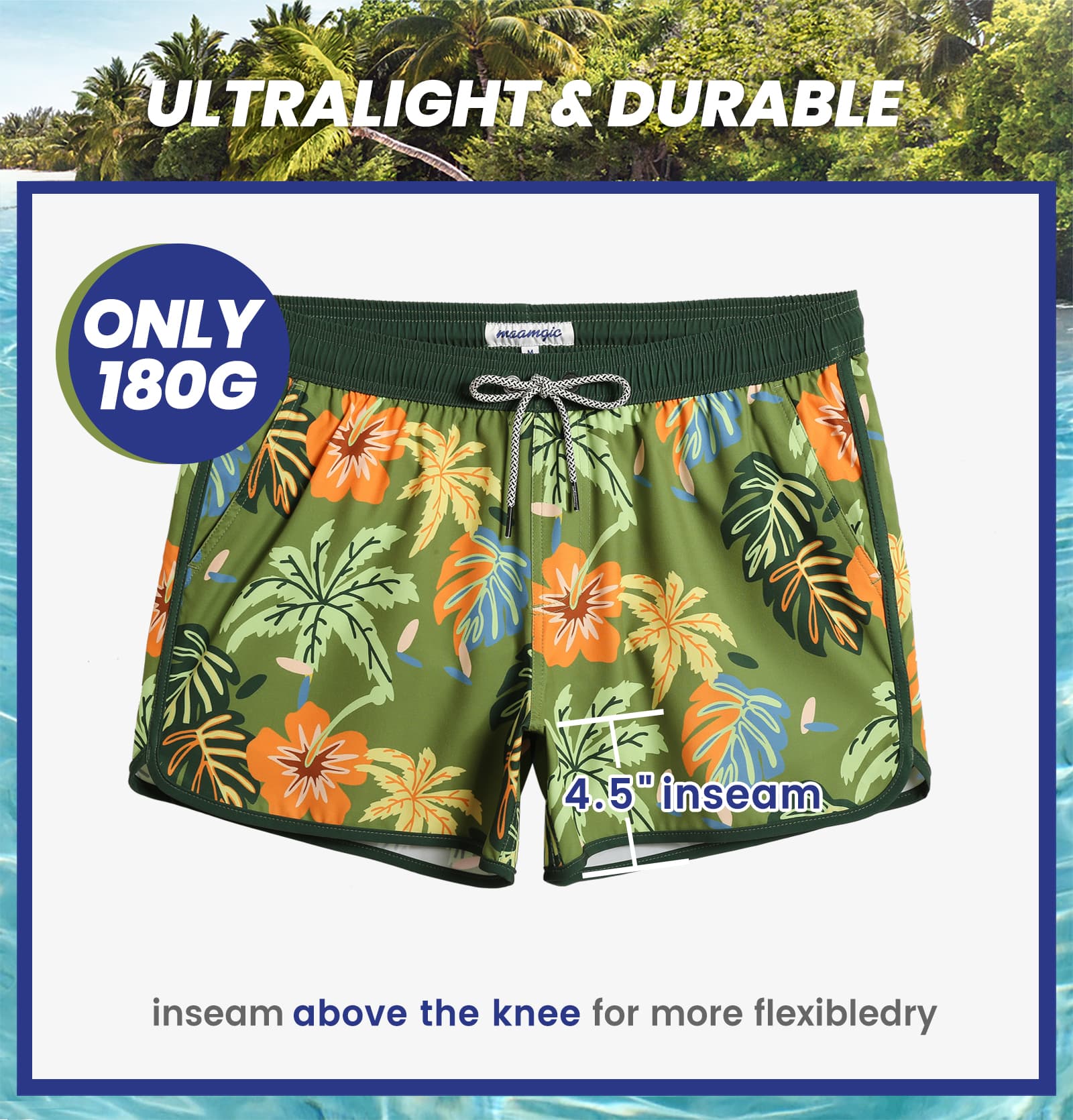 4.5 Inch Inseam Vintage Stretch Green Malaysia Swim Trunks-VibeCloset