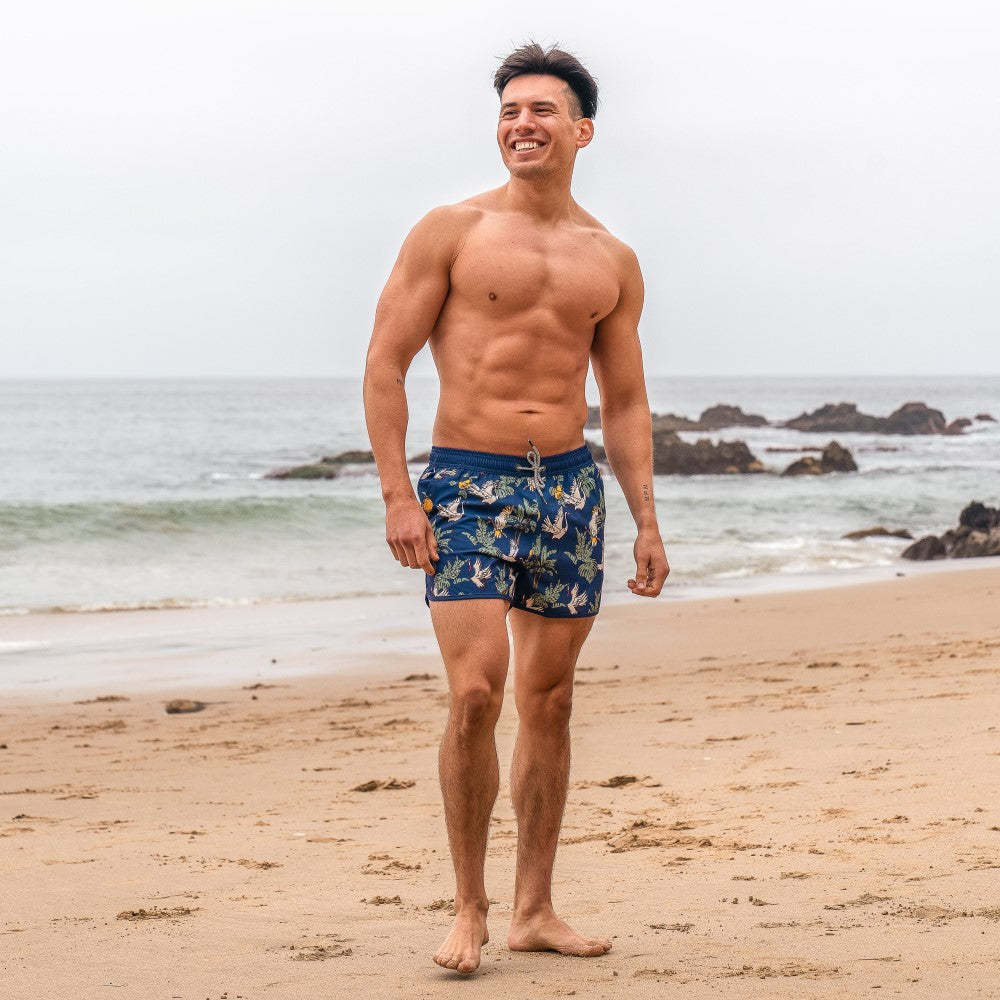 4.5 Inch Inseam Vintage Stretch Navy Crane Swim Trunks-VibeCloset