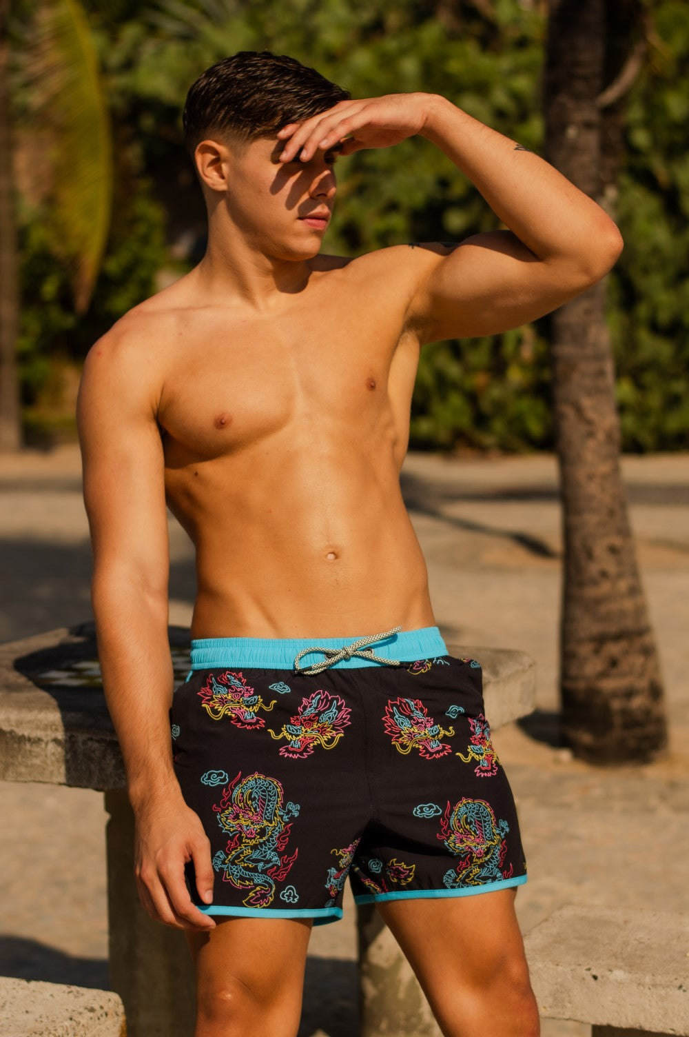 4.5 Inch Inseam Vintage Stretch Neon Dragon Swim Trunks-VibeCloset