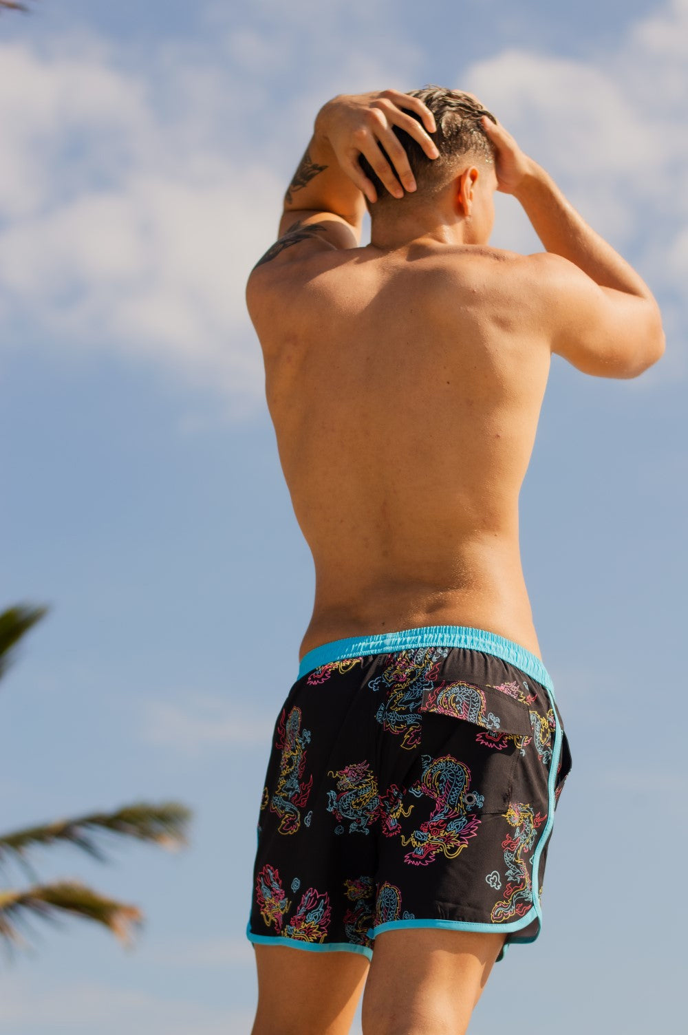 4.5 Inch Inseam Vintage Stretch Neon Dragon Swim Trunks-VibeCloset