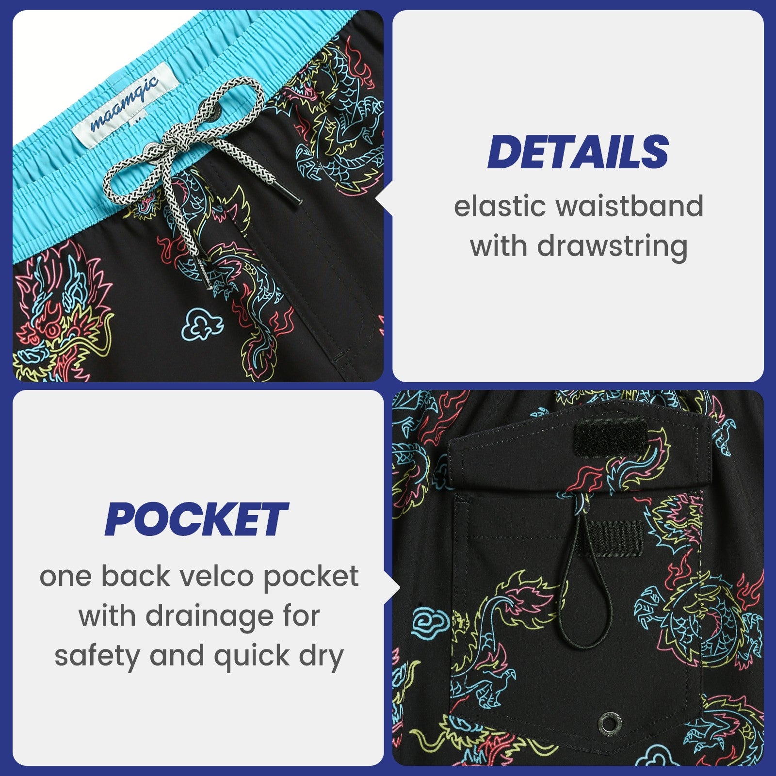 4.5 Inch Inseam Vintage Stretch Neon Dragon Swim Trunks-VibeCloset