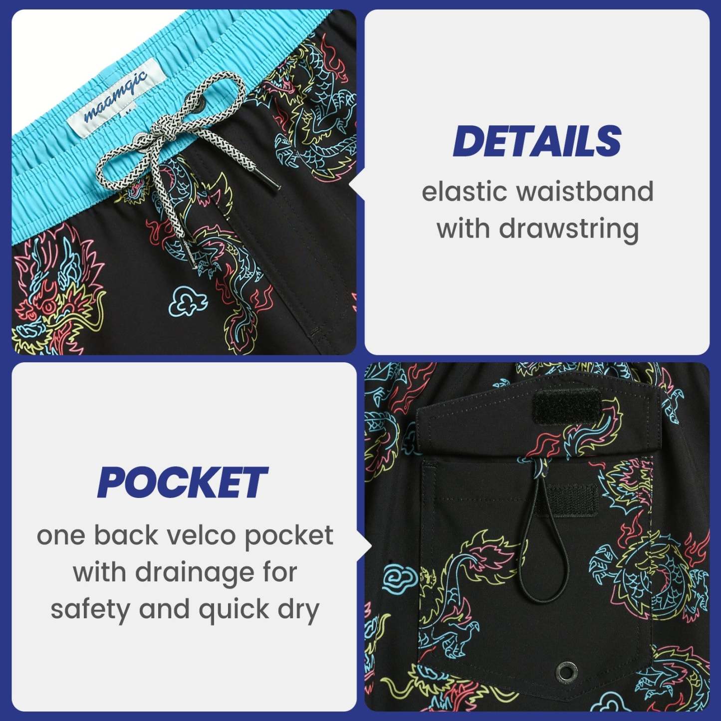 4.5 Inch Inseam Vintage Stretch Neon Dragon Swim Trunks-VibeCloset